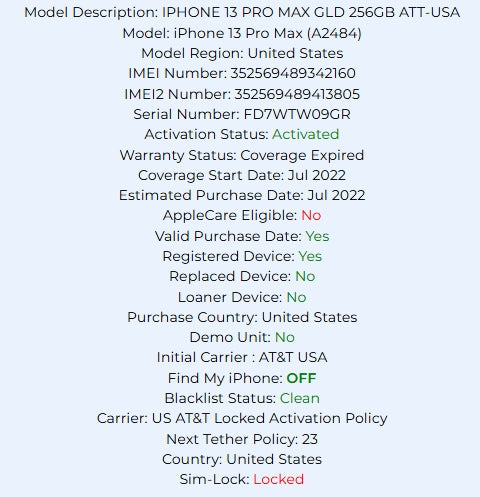 Apple Iphone 13 Pro Max Gold 256GB Carrier Locked: AT&T