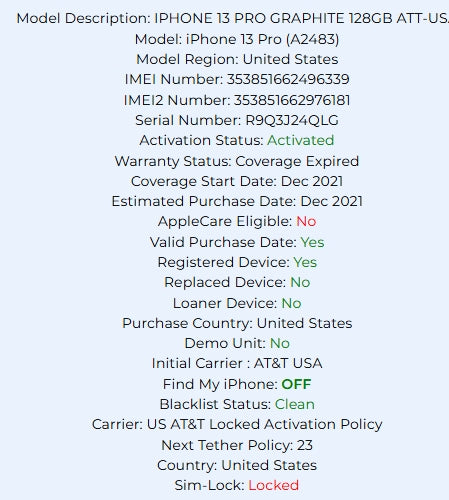 Apple Iphone 13 Pro Graphite 128GB Carrier Locked: AT&T