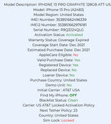 Apple Iphone 13 Pro Graphite 128GB Carrier Locked: AT&T