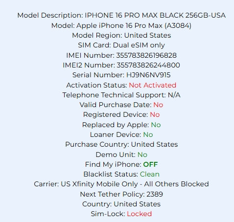 Apple iPhone 16 Pro Max Black Titanium 256GB Carrier Locked: Xfinity