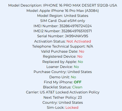 Apple iPhone 16 Pro Max Desert Titanium 512GB Carrier Locked: AT&T