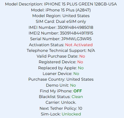Apple Iphone 15 Plus Green 128GB Carrier Locked: Unlocked