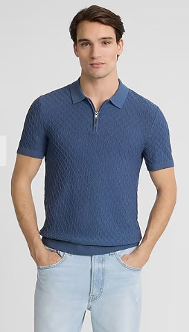 Express Textured Diamond Geo Cotton-Blend Short Sleeve Sweater Polo M