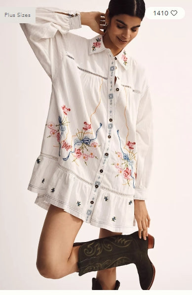 Pilcro Long Sleeve V-Neck Embroidered Swing Shirt Dress Size 1X Plus