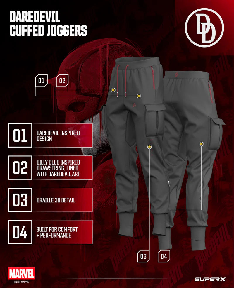 SuperX MARVEL DAREDEVIL Performance Men's High Rib Cargo Stealth Joggers (Size: Medium)