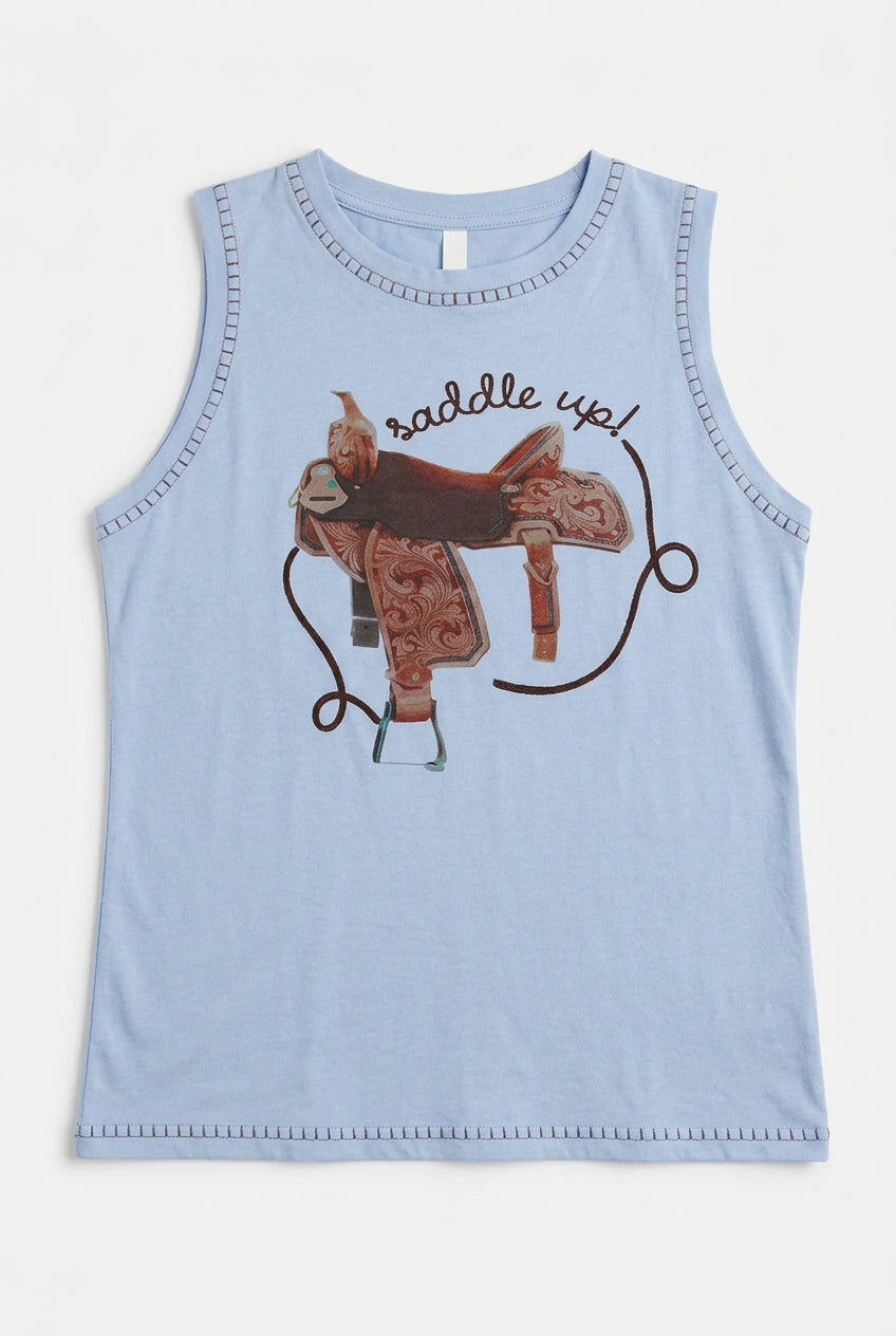 LUCKY & BLESSED Light Blue Saddle Up Western Contrast Stitch Sleeveless Top  Size Large