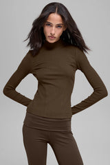 ALO YOGA Ribbed Mesmerize Mock Neck Long Sleeve Espresso Size: XS
