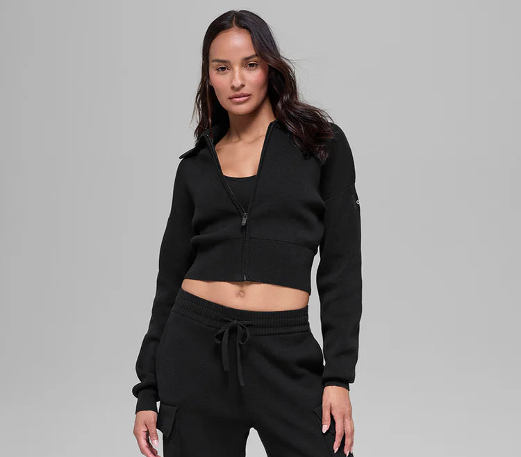 ALO Scholar Knit Cropped Full Zip Ribbed Women's S