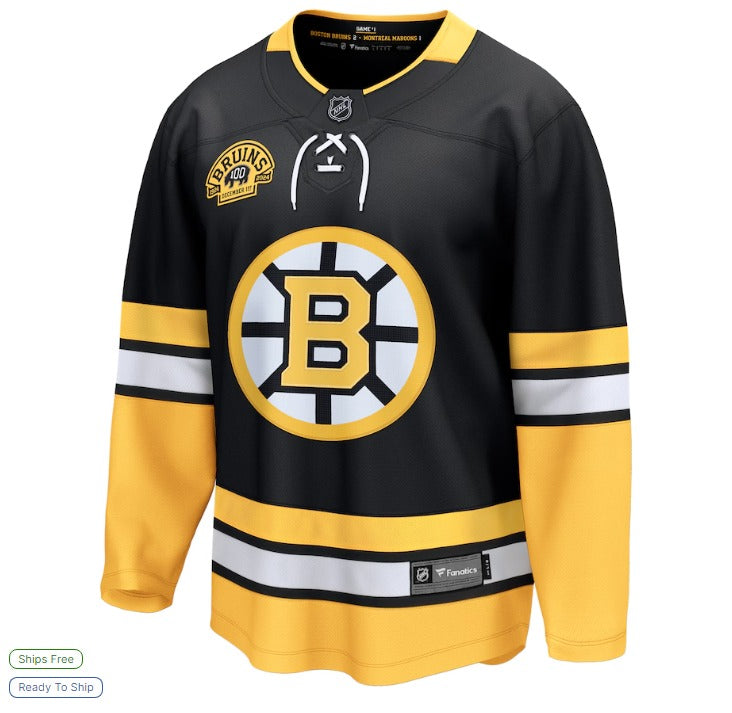 Boston Bruins Fanatics 100th Anniversary Premier Breakaway Jersey, Black - Men's USA 54