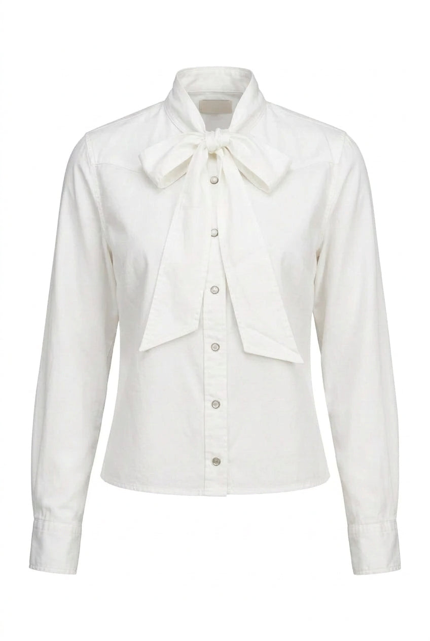 LUCKY & BLESSED Ivory Tencel Denim Concho Button Down Bow Denim Blouse Size Large