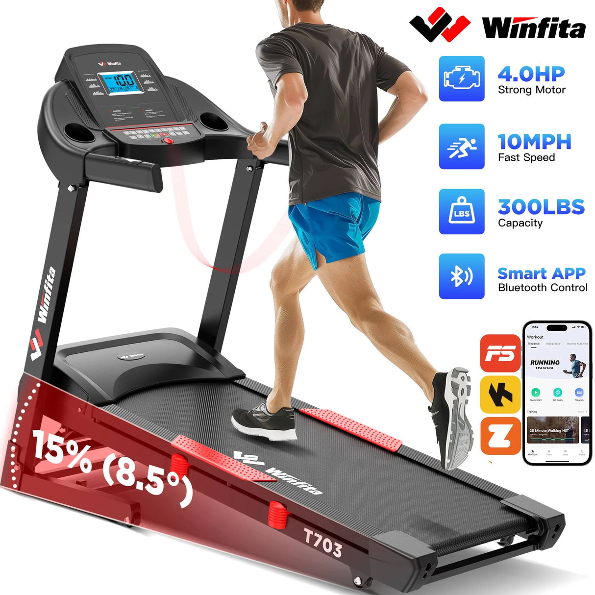 Winfita 4HP Folding Treadmill for Home with 15% Auto Incline, 300LB Capacity, 10MPH Speed, 18''x50''Belt, App & Bluetooth Speaker, LCD Display, 70Programs, Portable Treadmill Running Walking Machine