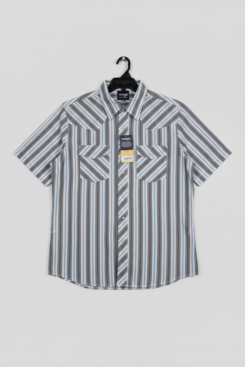 WRANGLER Men's XL Sport Western Snap Shirt - White/Grey/Blue Stripes
