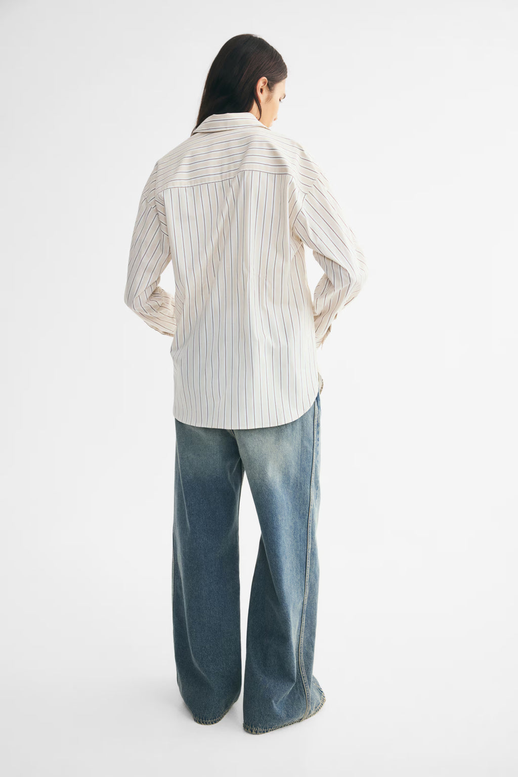 H&M Women's Oversized Poplin Shirt - Light Beige Striped - US Medium