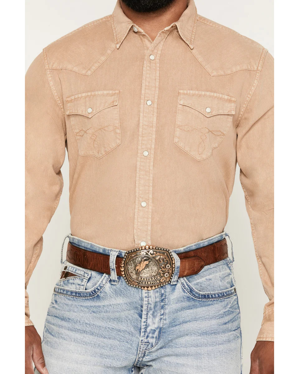 Cody James Men's Solid Long Sleeve Snap Denim Western Shirt - Tan - Medium