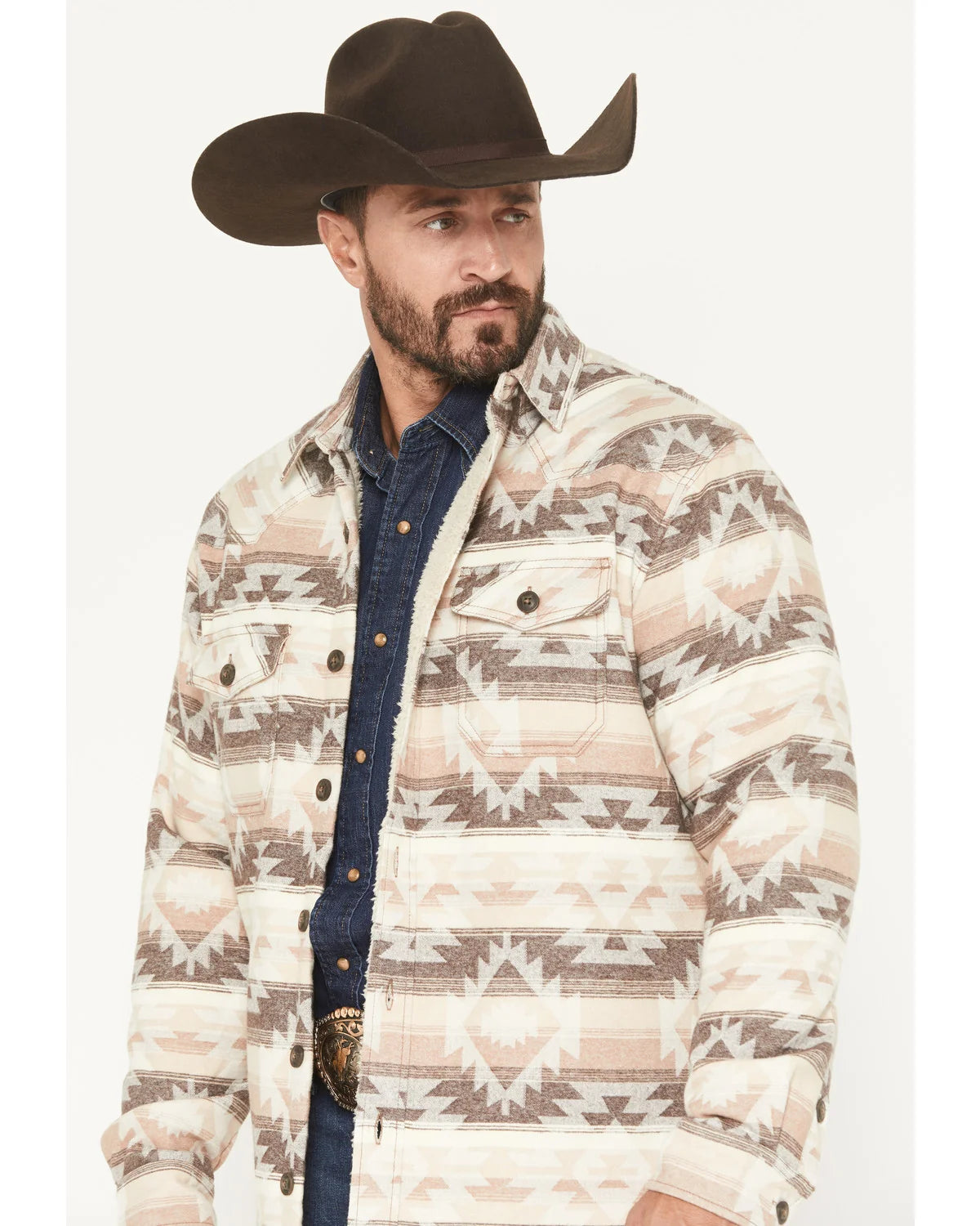 CODY JAMES Men's Emmons Sherpa Lined Southwestern Striped Flannel Shirt Jacket in Tan - LG