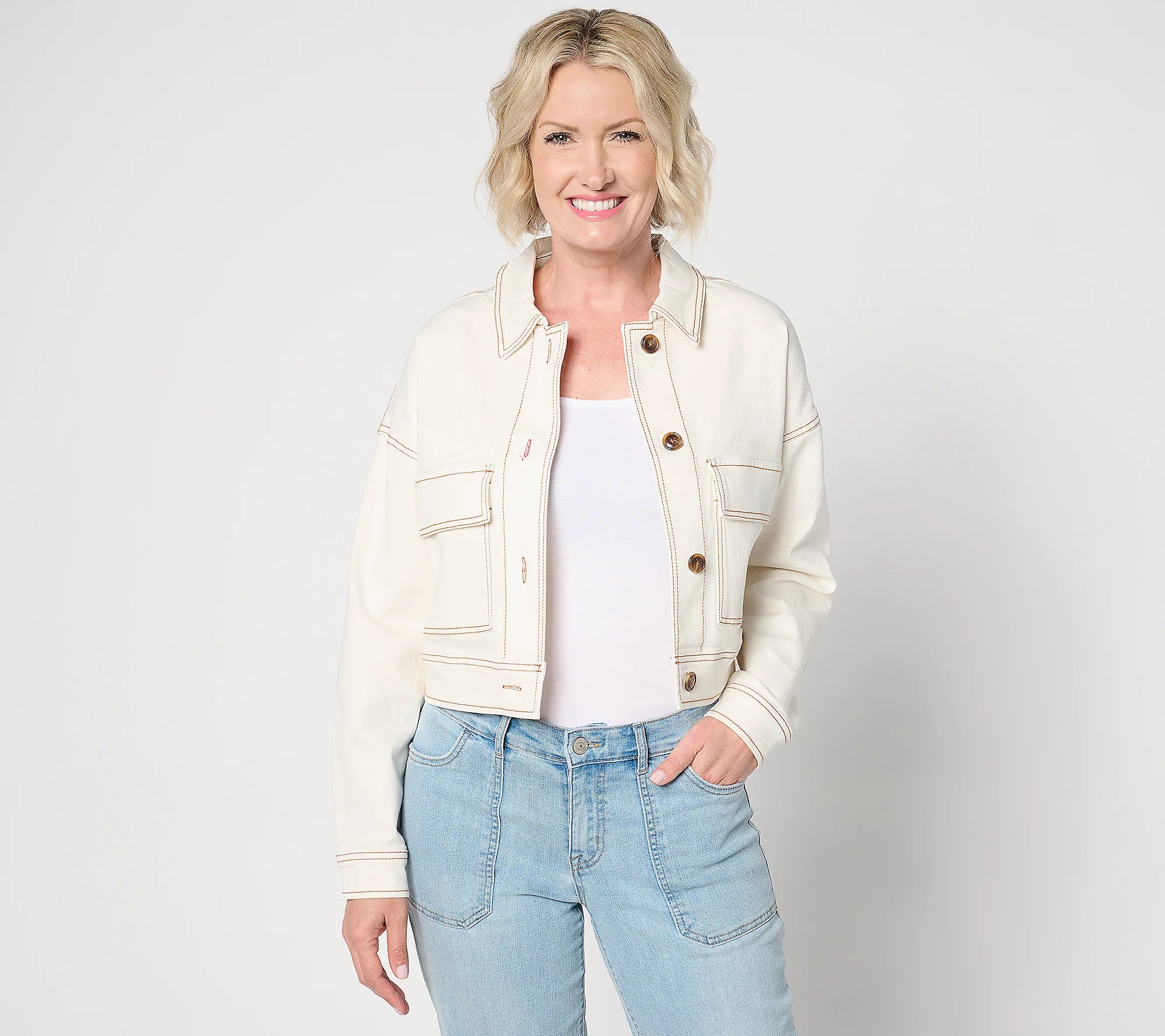 Peace Love World Authentic Denim Cropped Jacket - White - XL