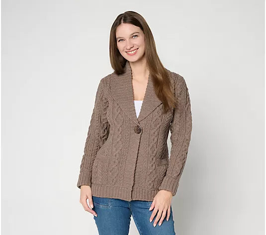 Women's Aran Crafts Merino Wool One-Button Sweater Cardigan - Peanut Marl - Size L