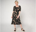 Denim & Co. Petite So Soft Jersey Elbow Sleeve Midi Dress - Black Floral - Size Petite XL