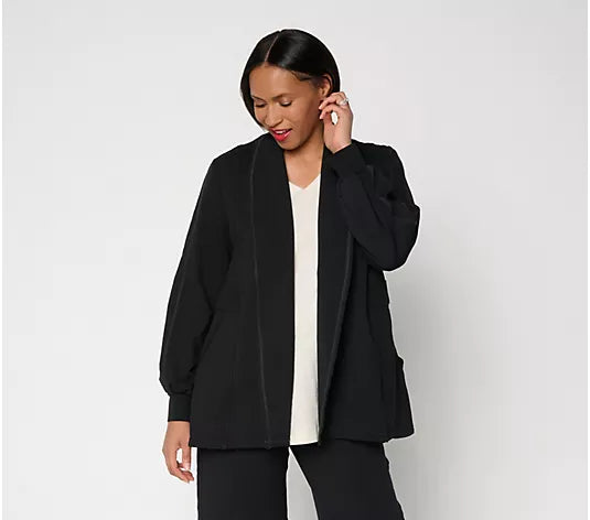 Women's LOGO Lounge by Lori Goldstein Open Front Shawl Collar Cardigan - Black - 2X