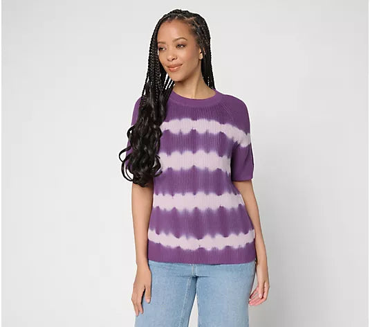 LOGO by Lori Goldstein Dye Effect Short Sleeve Sweater - Moonlit Orchid - Size L