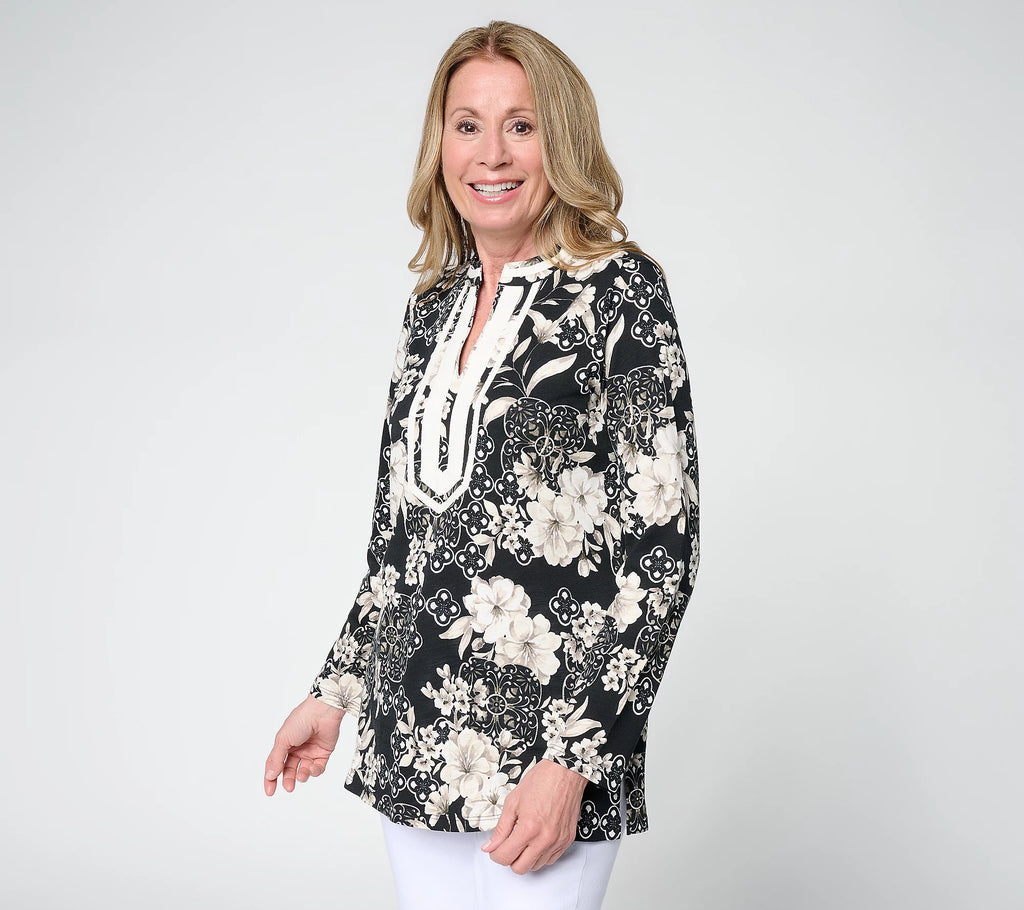 Bellisima by Kim Gravel - Petite Ginger Jar Ribbon Trim Top, Black/White, 4XP