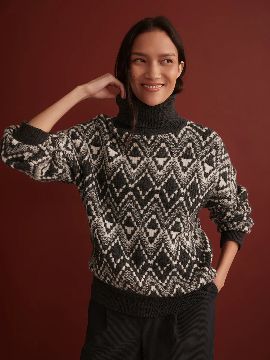 Ida Relaxed Fairisle Roll-Neck Knit by Varley - Charcoal - Size XL