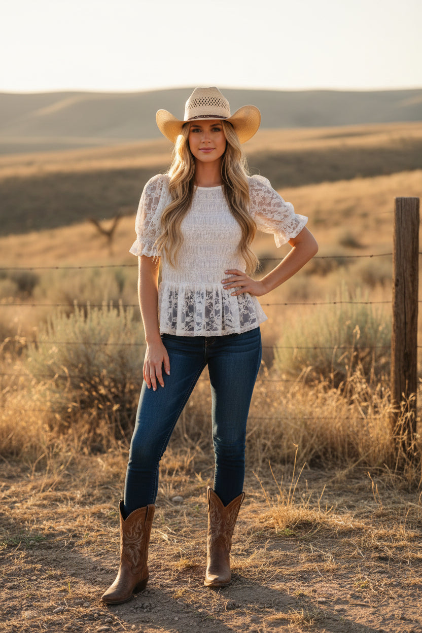 ASH & VIOLET Women's SM Lace Peplum Top in Ivory