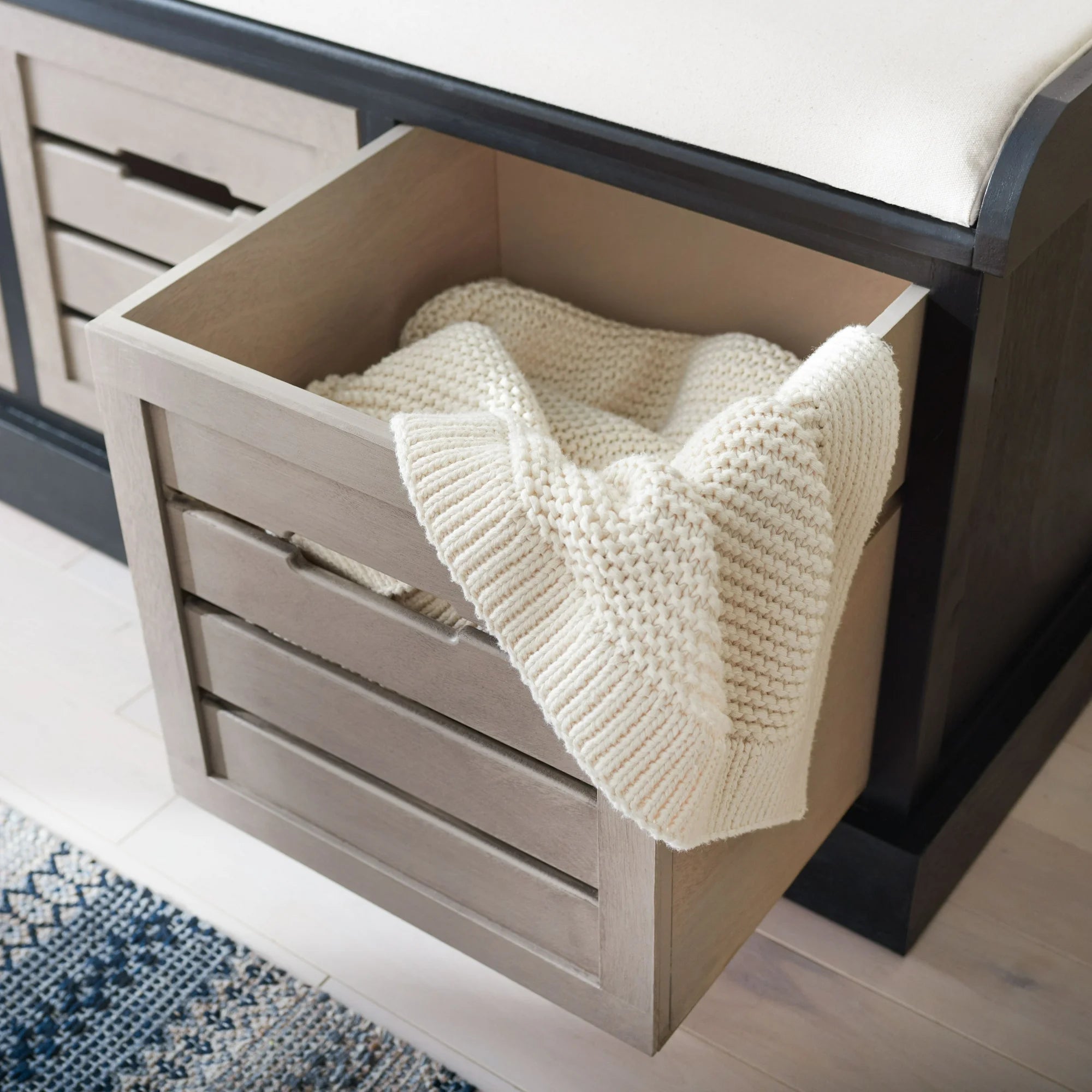 SAFAVIEH Briar 3 Drawer Cushion Bench, Black Frame/Greige Drawers