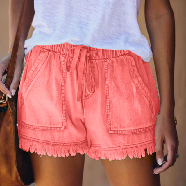 Drawstring Jean Shorts for Women's Casual Elastic Waist Frayed Hem-LG-Pink