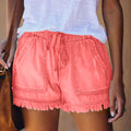 Drawstring Jean Shorts for Women's Casual Elastic Waist Frayed Hem-LG-Pink