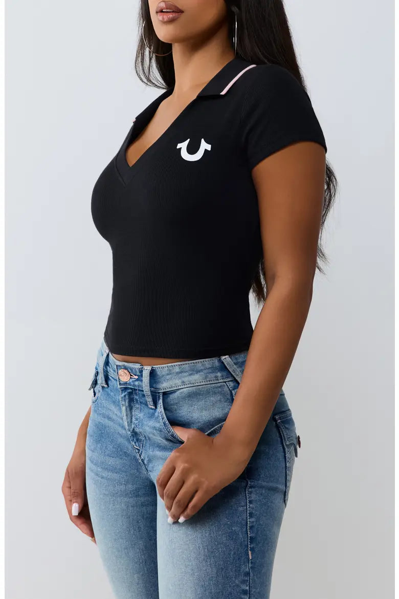 True Religion Buddha Star Ribbed Deep V Graphic Polo, Blk/Pink - Medium