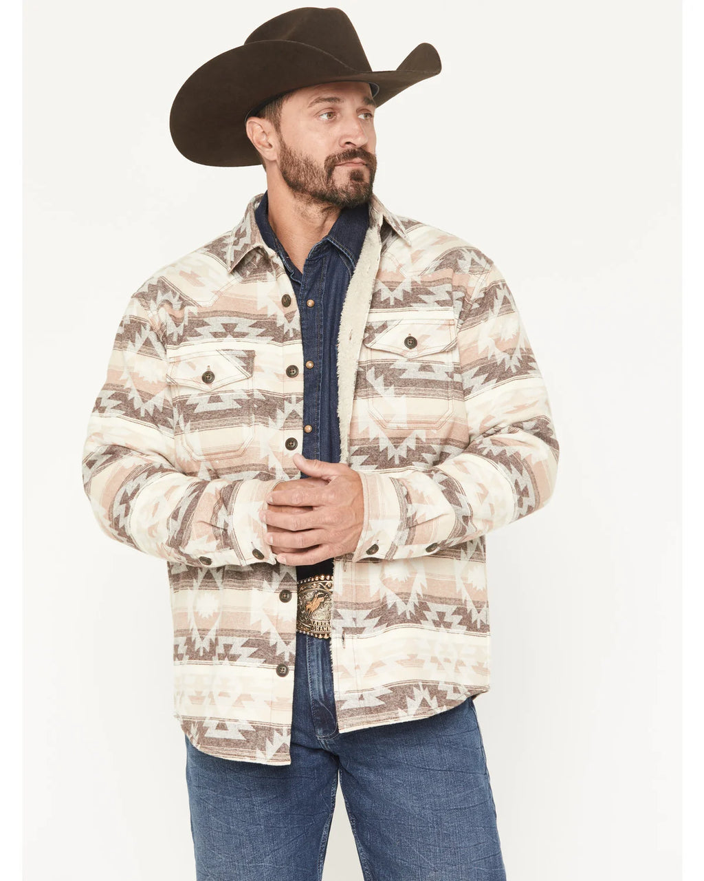 CODY JAMES Men's Emmons Sherpa Lined Southwestern Striped Flannel Shirt Jacket in Tan - LG