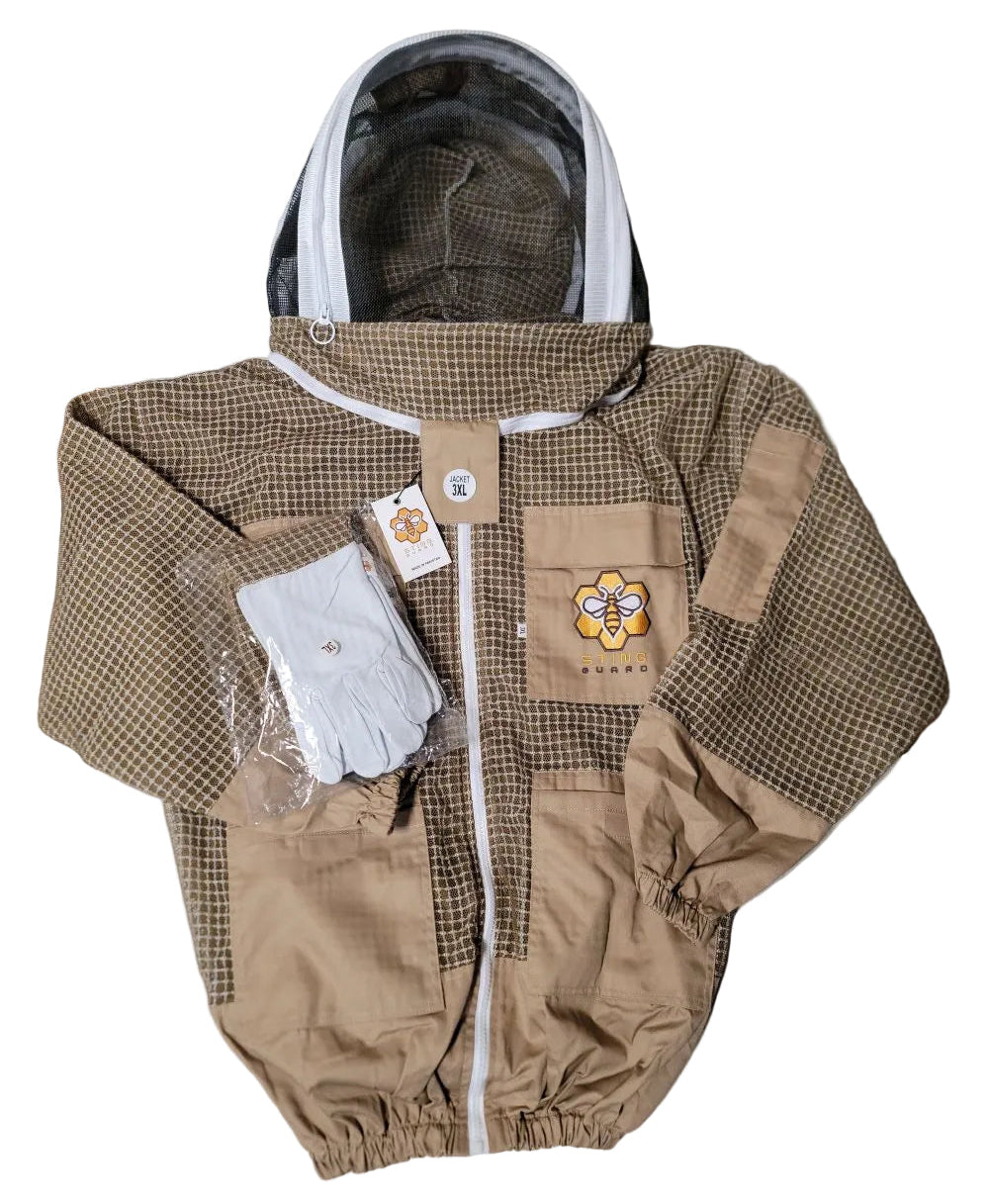 Beekeeping Jacket, Fencing Veil, Mesh Veil Hat & Goatskin Gloves Set | 3XL | Khaki
