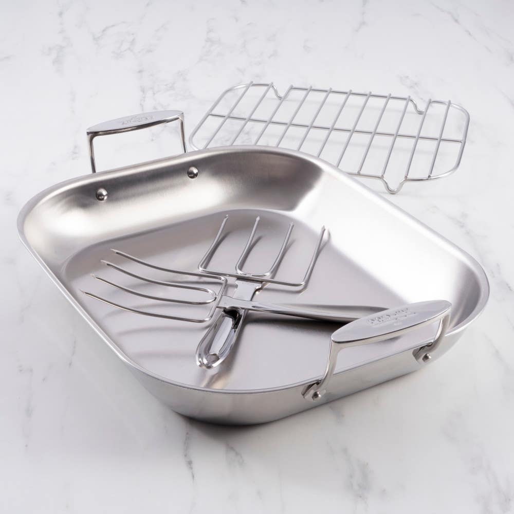 D3 Stainless 3-Ply Bonded Cookware, Large Flared Roaster with Rack and Two Turkey Forks