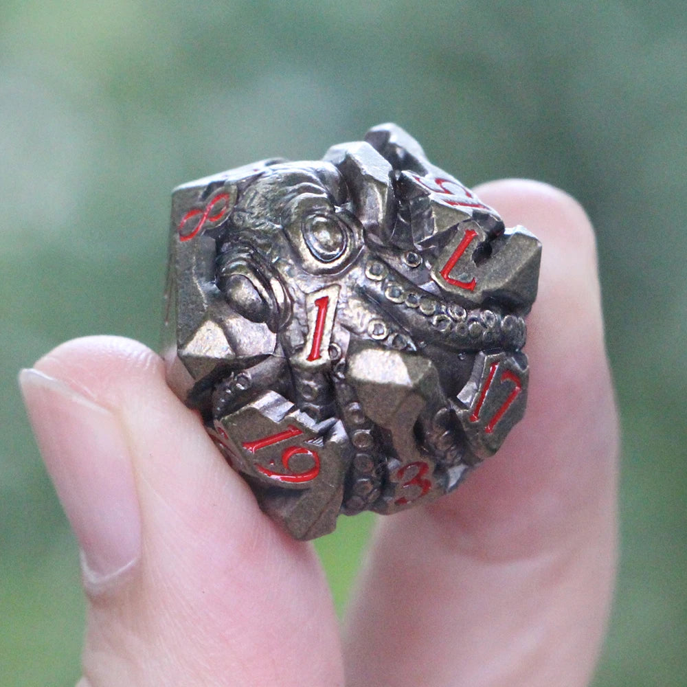 ucmehihihi Bronze Octopus Dice Set – 3D Tentacle Carved with Red Numbers (7 - Piece)
