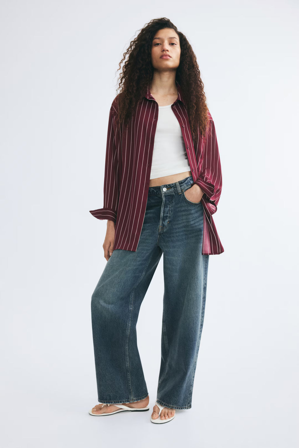 H&M - Women's Loose-Fit Twill Shirt - Burgundy/White Striped - US Small