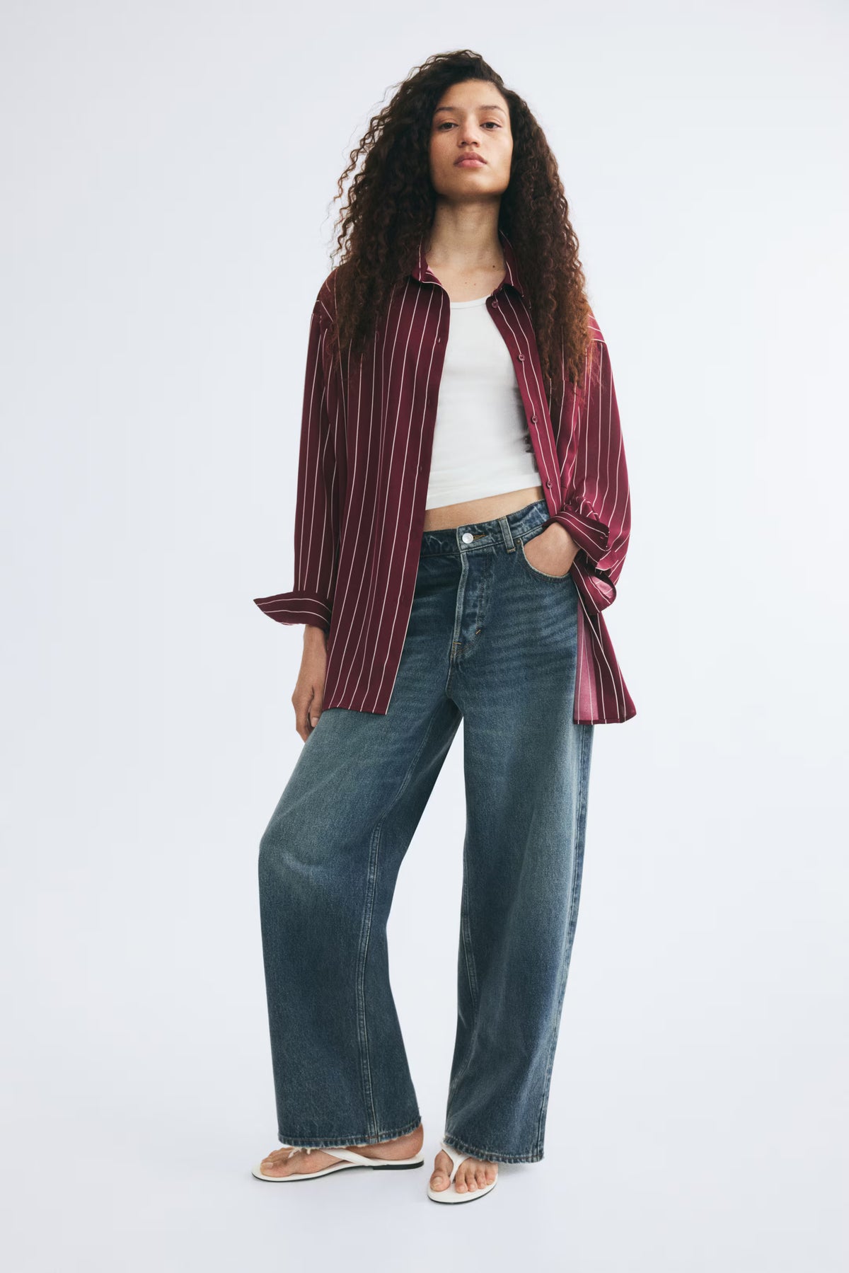 H&M - Women's Loose-Fit Twill Shirt - Burgundy/White Striped - US Small