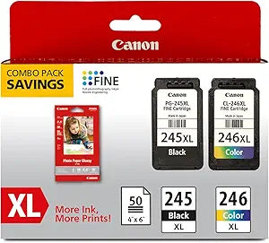 Canon PG-245 XL / CL-246 XL Genuine Ink Value Pack (2 Cartridges) with 50-Sheet Photo Paper, Compatible with iP2820, MG2420/2924/2920/3020/2522/2525, MX492, TS3120/302/302a/202/202a/4520/3320