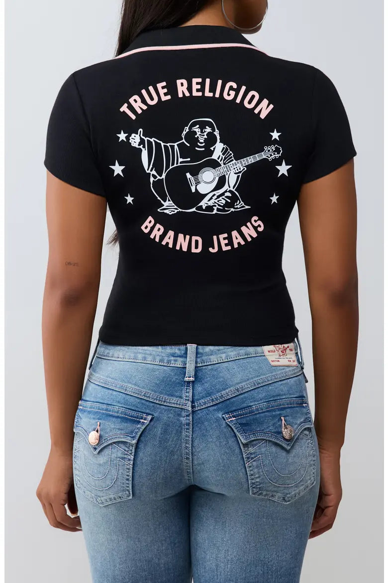True Religion Buddha Star Ribbed Deep V Graphic Polo, Blk/Pink - Medium