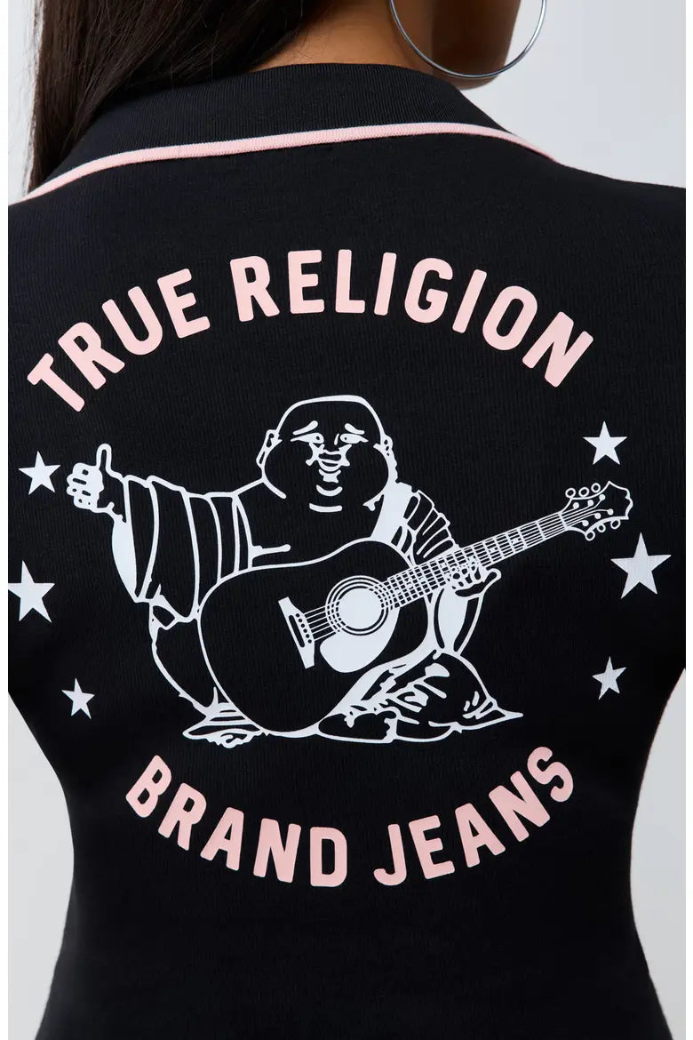 True Religion Buddha Star Ribbed Deep V Graphic Polo, Blk/Pink - Medium