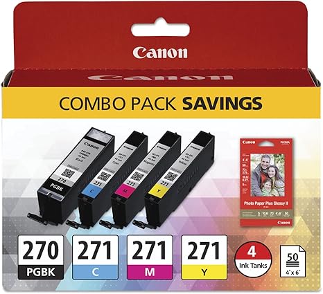 Canon PGI-270/CLI-271 4-Color BK/CMY Ink Cartridge for PIXMA MG5720 MG5721 MG5722 MG6820 MG6821 MG6822 MG7720 Includes 50 Sheets of 4"x6" PP-201 Glossy Photo Paper (0373C005)