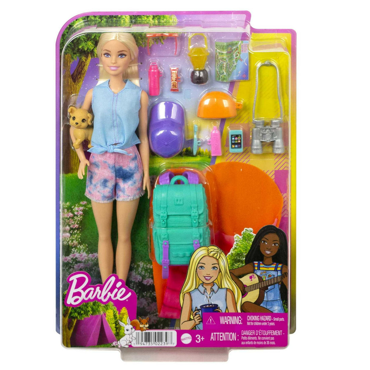 Barbie Malibu Doll & 10+ Accessories, Camping-Theme Set with Puppy, Sleeping Bag & More