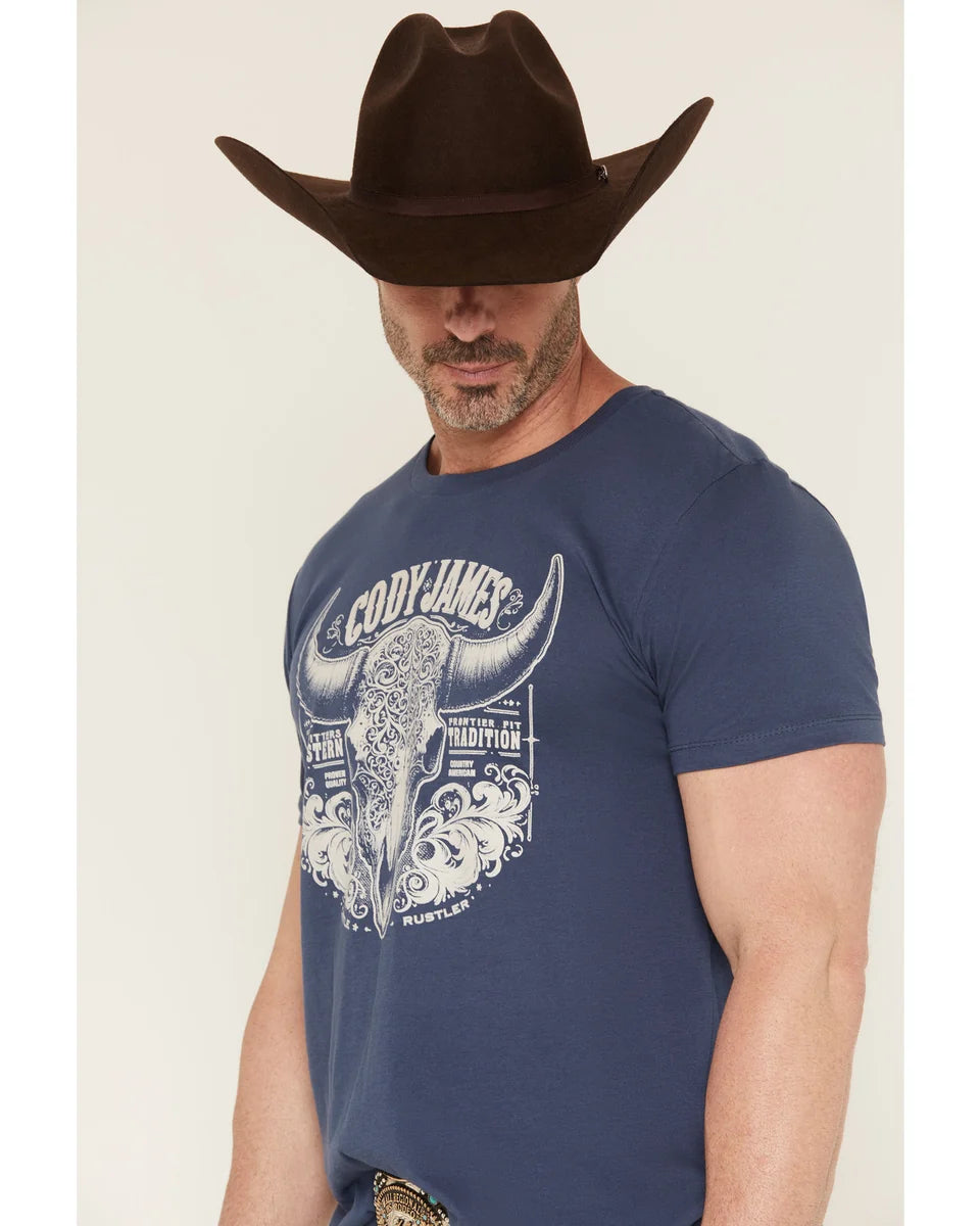 Cody James Men's Ornate Steerhead Skull Short Sleeve Graphic T-Shirt - Blue - Size Small