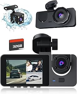 3 Channel Dash Cam Front and Rear Inside, 4K Full UHD Dash Camera for Cars, Car Camera Built-in 32GB Card,WDR,G-Sensor,2.0''IPS HD Screen, Loop Recording,24H Parking Monitor