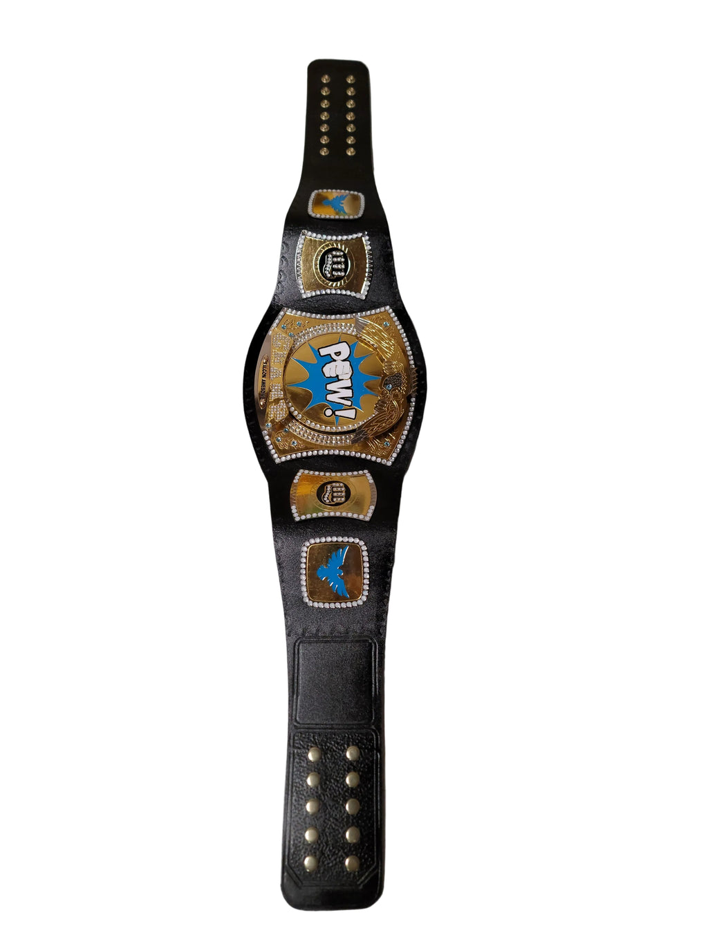 POW! Championship Novelty Wrestling Belt | Spinning Center Plate | Rhinestone & Gold | Costume
