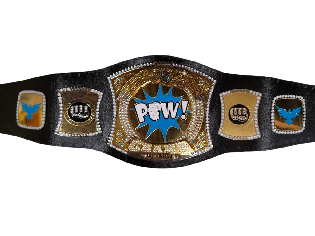 POW! Championship Novelty Wrestling Belt | Spinning Center Plate | Rhinestone & Gold | Costume