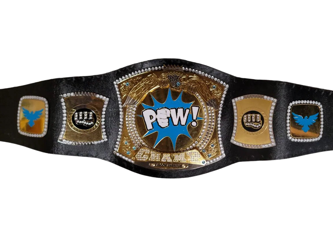 POW! Championship Novelty Wrestling Belt | Spinning Center Plate | Rhinestone & Gold | Costume