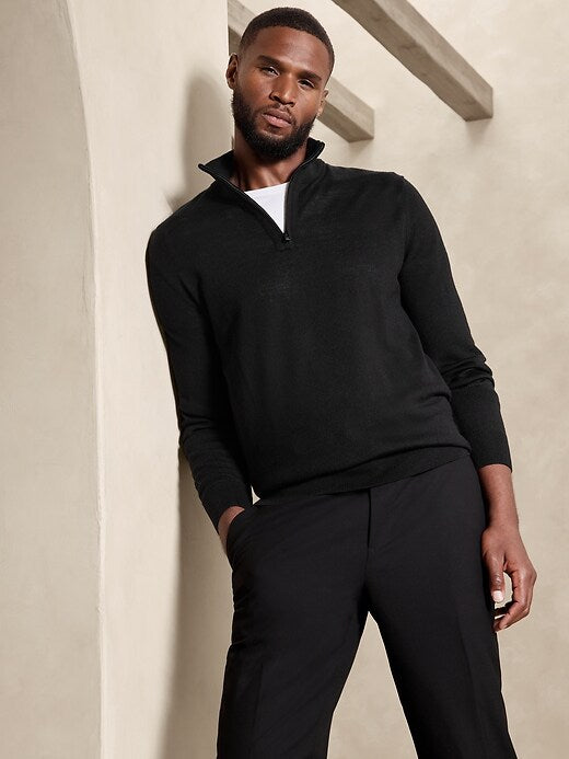 Men's Merino Wool Half Zip Sweater by Banana Republic - Black - Size M