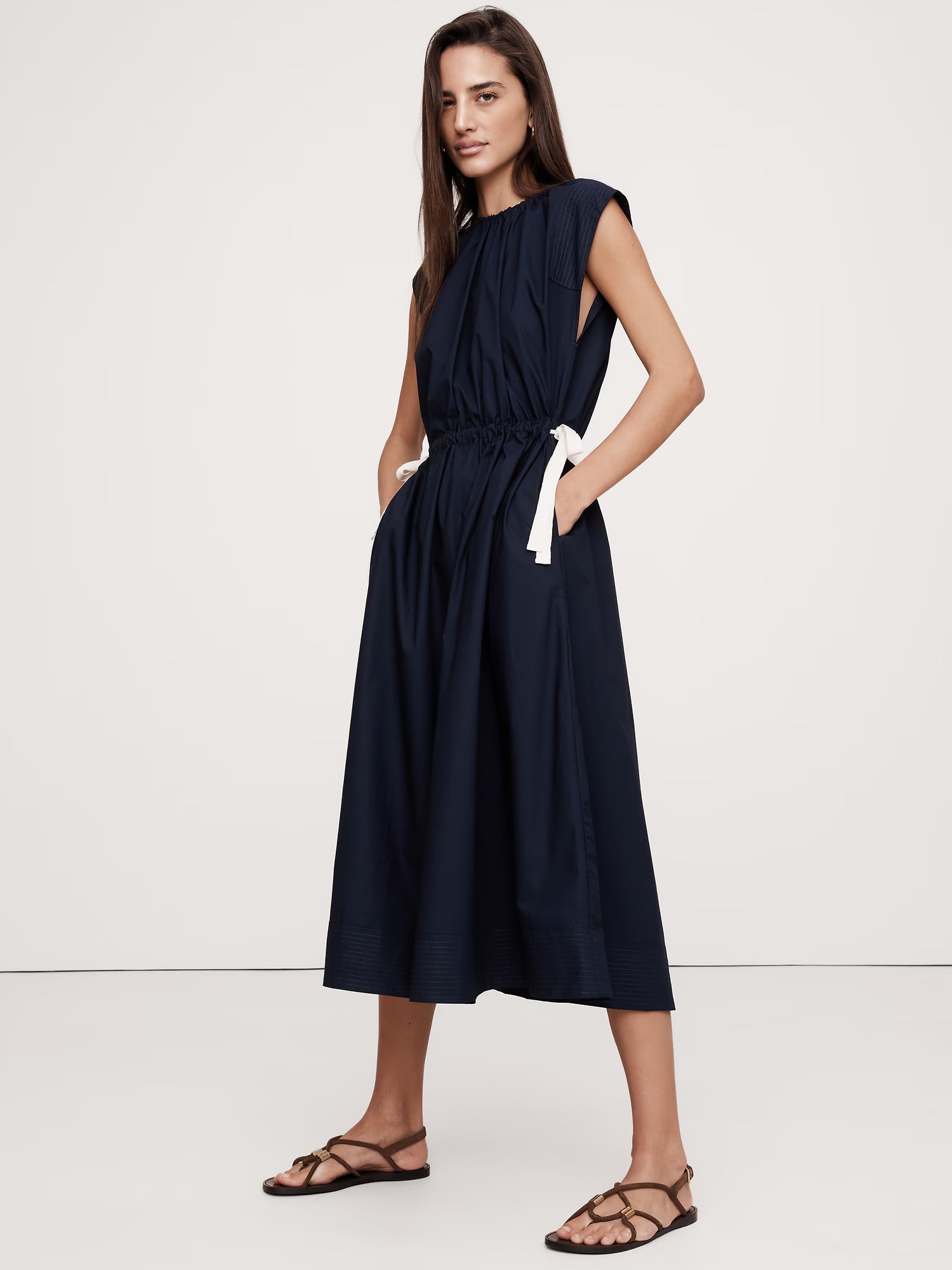 Banana Republic Cotton Poplin Tie-Waist Midi Dress - Navy Blue - Size: Medium