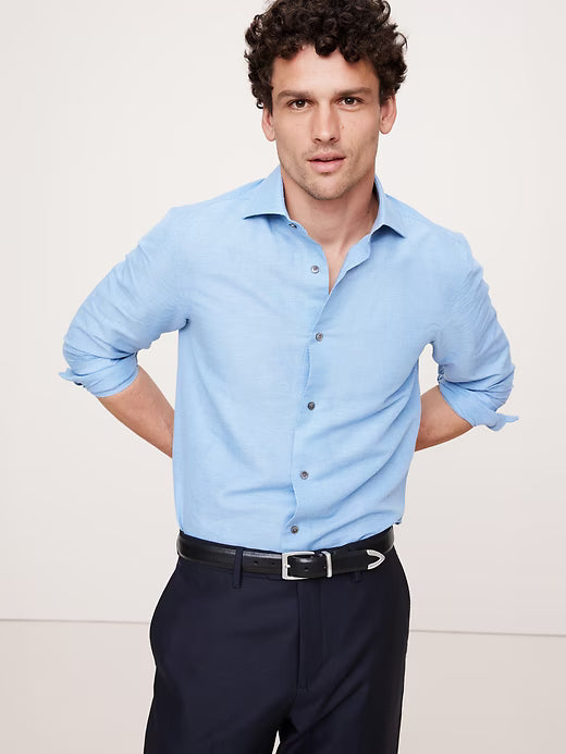 BANANA REPUBLIC Men's Slim-Fit Linen-Cotton Dress Shirt | Navy Blue Plaid | Size L